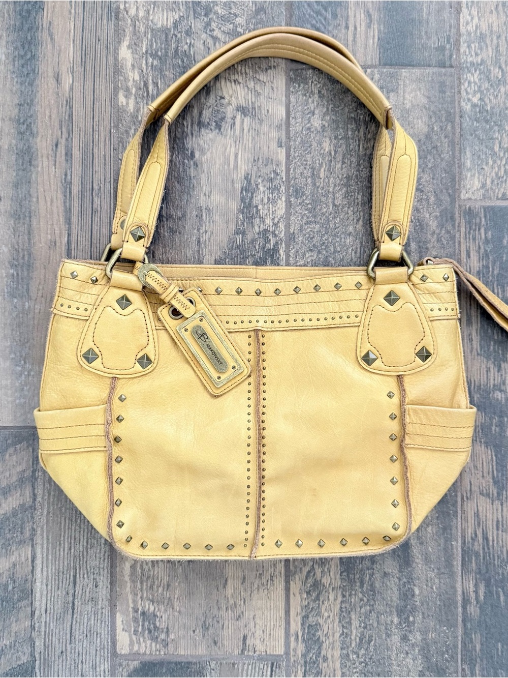 B. Makowsky Butter Yellow Stud-Accent Leather Boho Hand Bag